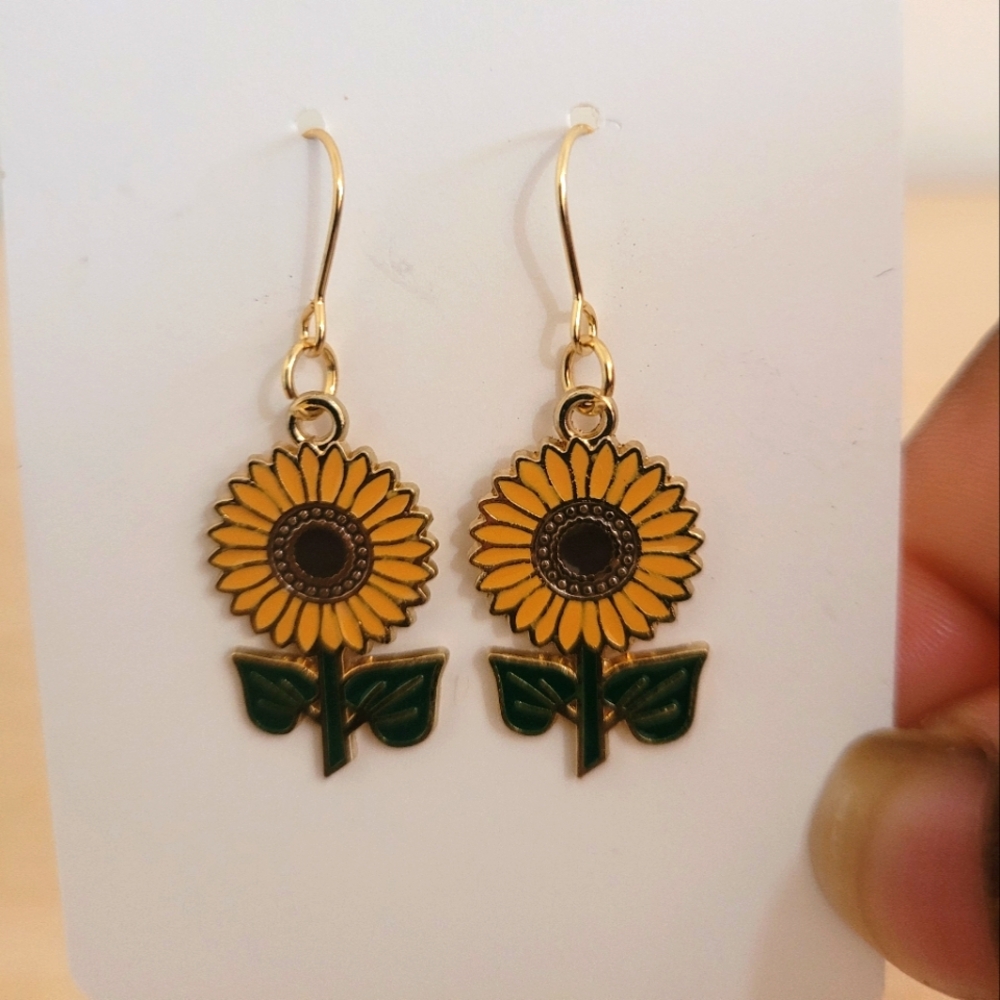 Handmade Sunflower Gold and Green Dangle Enamel Earrings